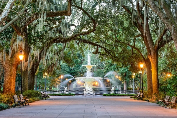 arched trees over fountain in Savannah Georgia