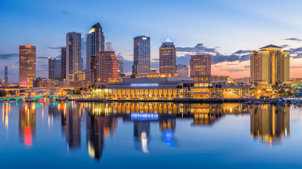 Tampa Florida skyline at sunrise for the mah jongg tournament in tampa
